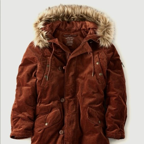 AE Women's mid-length rust/orange Corduroy Jacket w/ faux fur hood -  XS - Picture 1 of 13